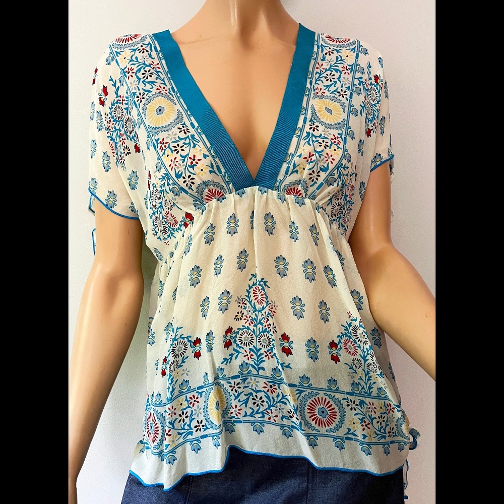 Anna Sui sheer v-neck ribbon detail charming print blouse S